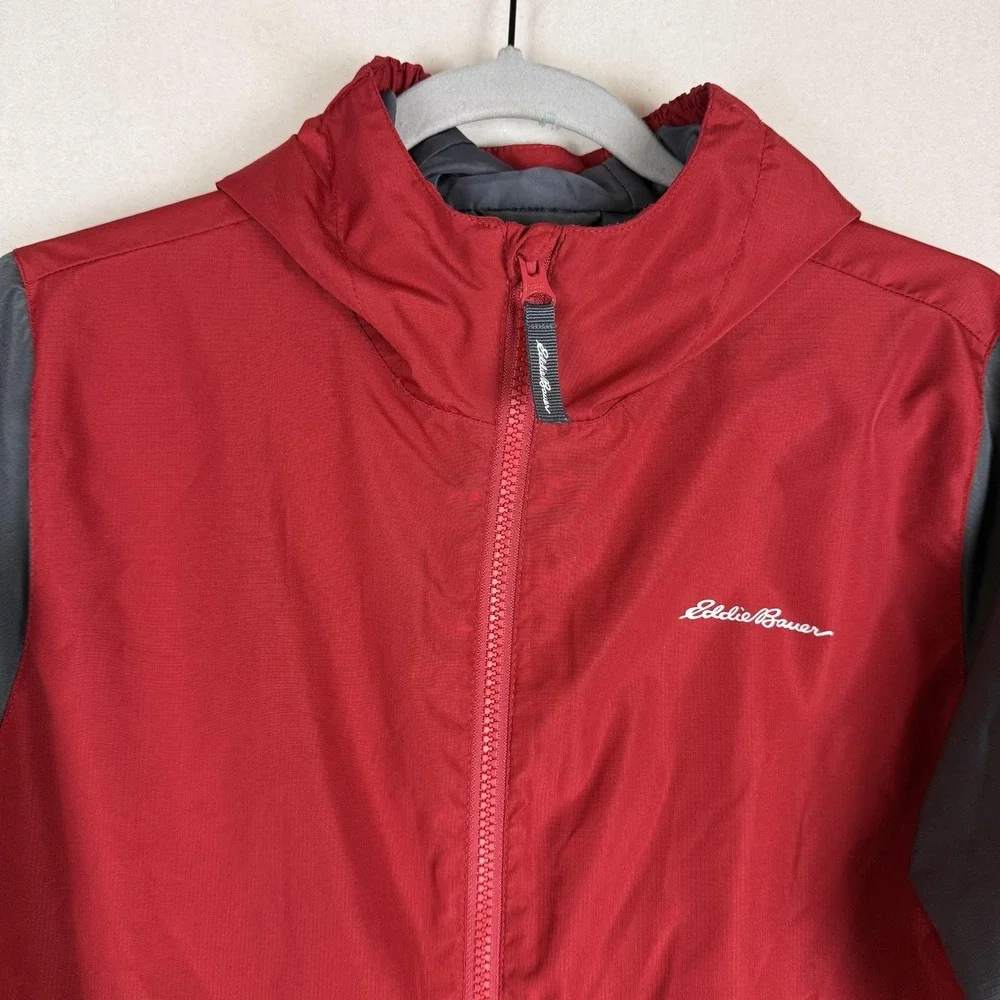 Eddie Bauer Jacket Kids 10/12 Red Gray‎ Hooded Windbreaker Zip Pockets Logo